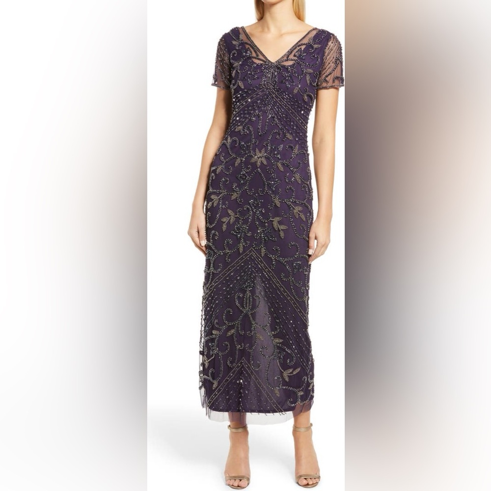 PISSARO NIGHTS BEADED MESH COLUMN EVENING GOWN DRESS IN PLUM SIZE 2 NWOT